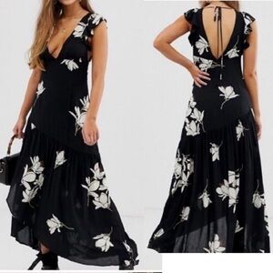 Free People She's  A Waterfall Black Floral Size 0 Lightweight Wrap Maxi Dress